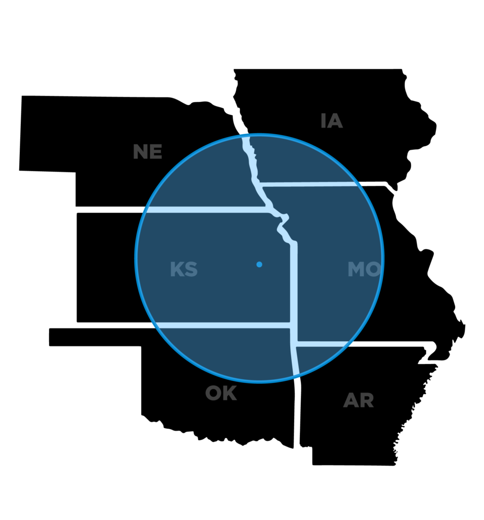 Map view with a 200 mile radius around Wellsville, KS.